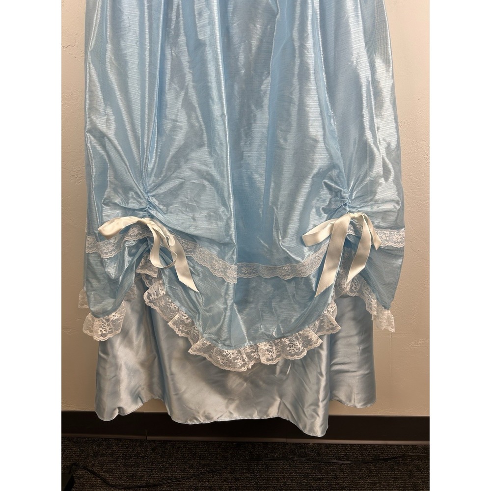 Vintage 70s Formal Blue Satin Gown Lace Trim Bows Princess Theatrical Costume - Picture 5 of 14